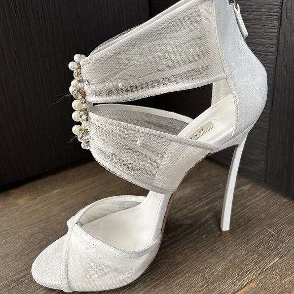Casadei White Suede Organze Sandal Heel - Picture 3 of 8